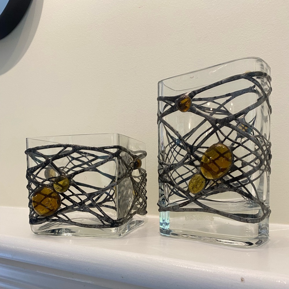 Artistic Glass Candle Holders with Black and Amber Accents - Picture 3 of 4